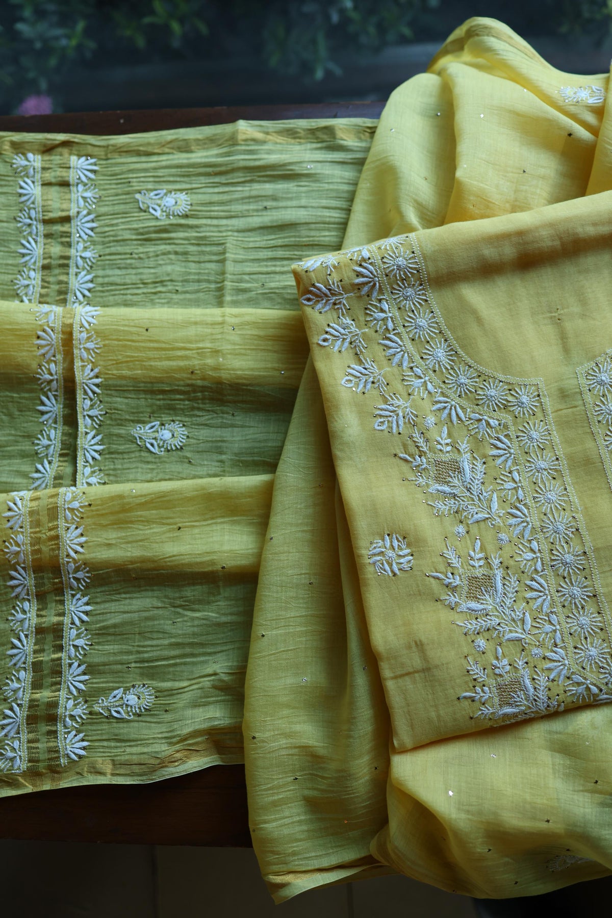 Yellow Mal Cotton Chikankari Kurta & Dupatta Set with Mukaish Work