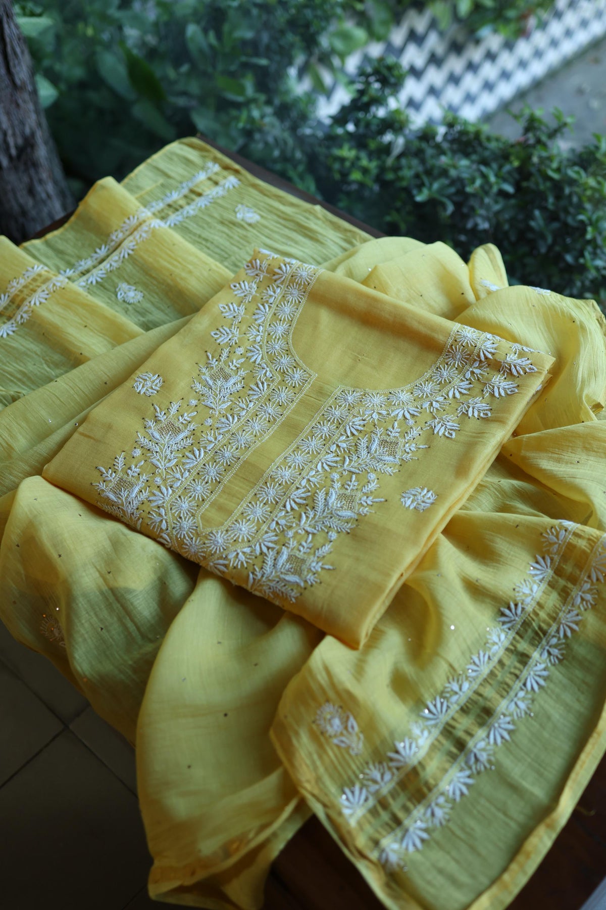 Yellow Mal Cotton Chikankari Kurta & Dupatta Set with Mukaish Work