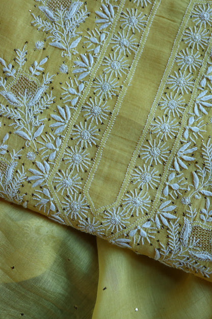 Yellow Mal Cotton Chikankari Kurta & Dupatta Set with Mukaish Work