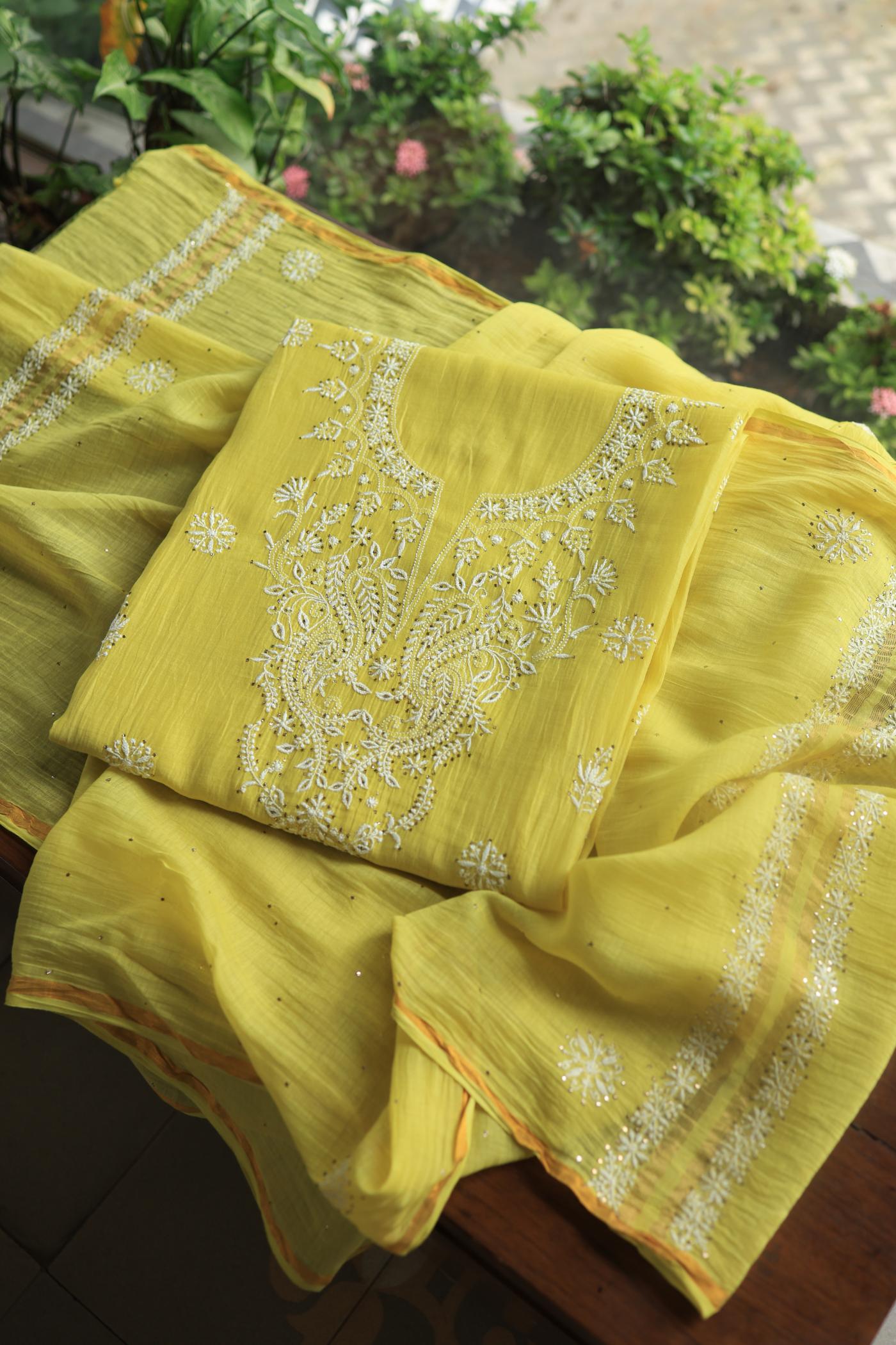 Yellow Mal Cotton Chikankari Unstitched Kurta Dupatta Fabrics With Kamdani