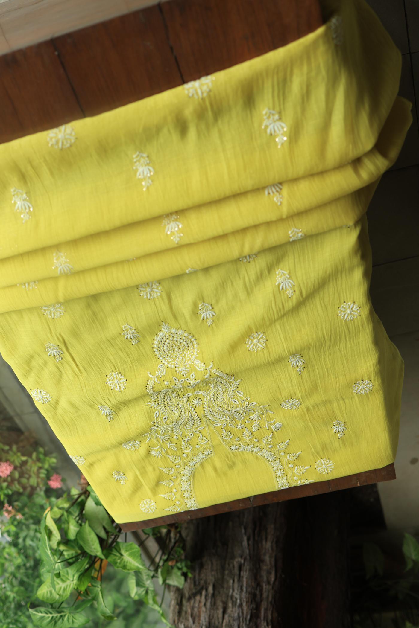 Yellow Mal Cotton Chikankari Unstitched Kurta Dupatta Fabrics With Kamdani