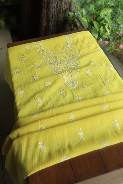 Yellow Mal Cotton Chikankari Unstitched Kurta Dupatta Fabrics With Kamdani