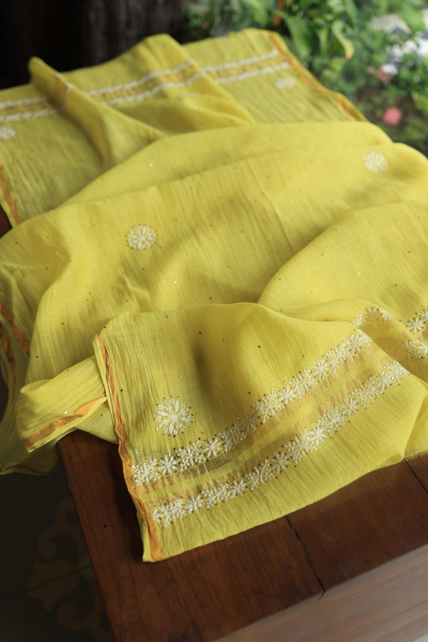Yellow Mal Cotton Chikankari Unstitched Kurta Dupatta Fabrics With Kamdani