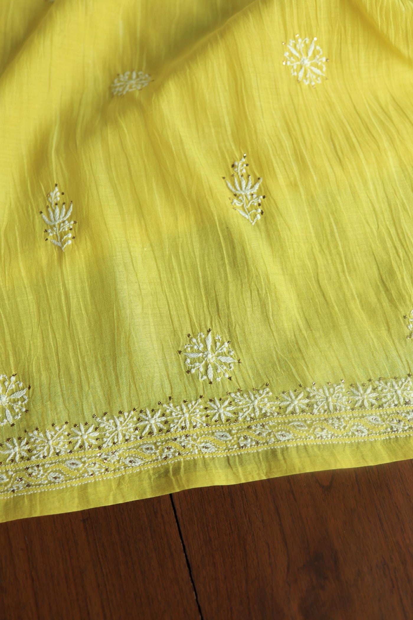 Yellow Mal Cotton Chikankari Unstitched Kurta Dupatta Fabrics With Kamdani
