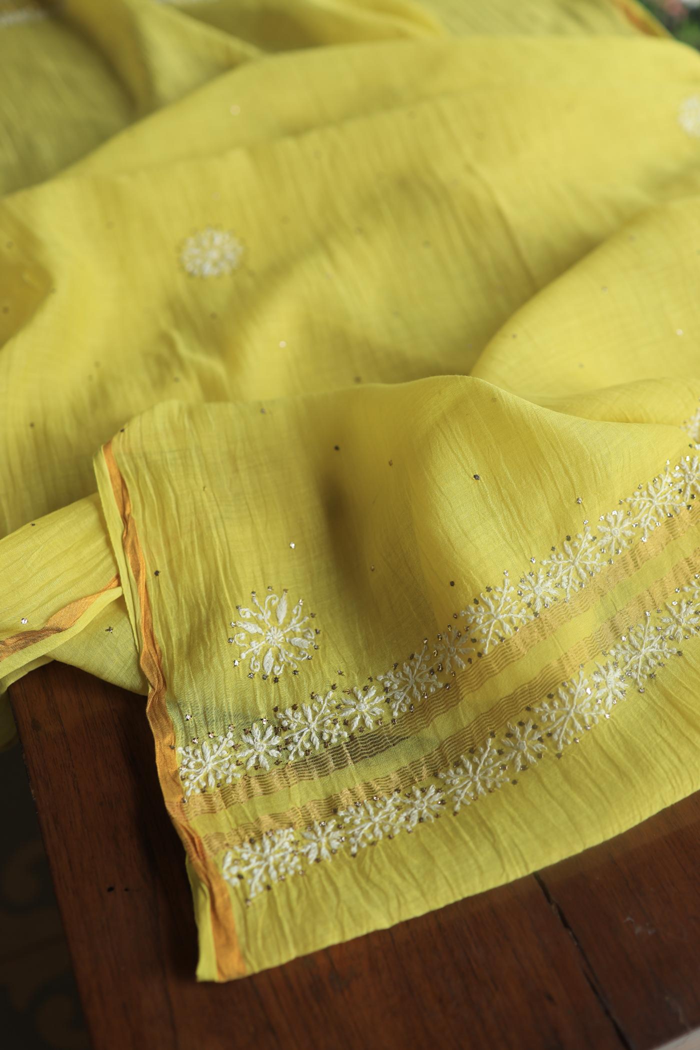 Yellow Mal Cotton Chikankari Unstitched Kurta Dupatta Fabrics With Kamdani