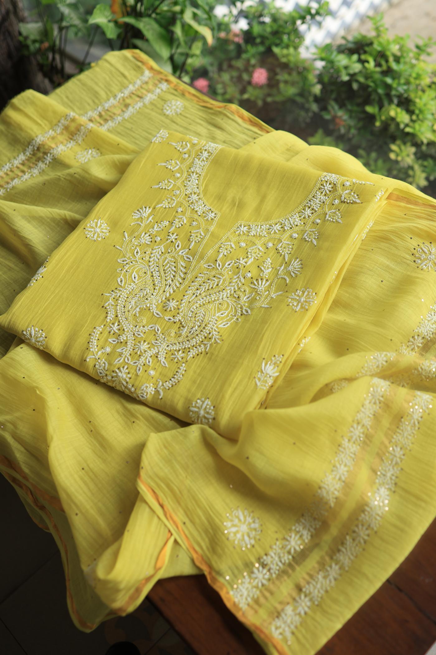 Yellow Mal Cotton Chikankari Unstitched Kurta Dupatta Fabrics With Kamdani