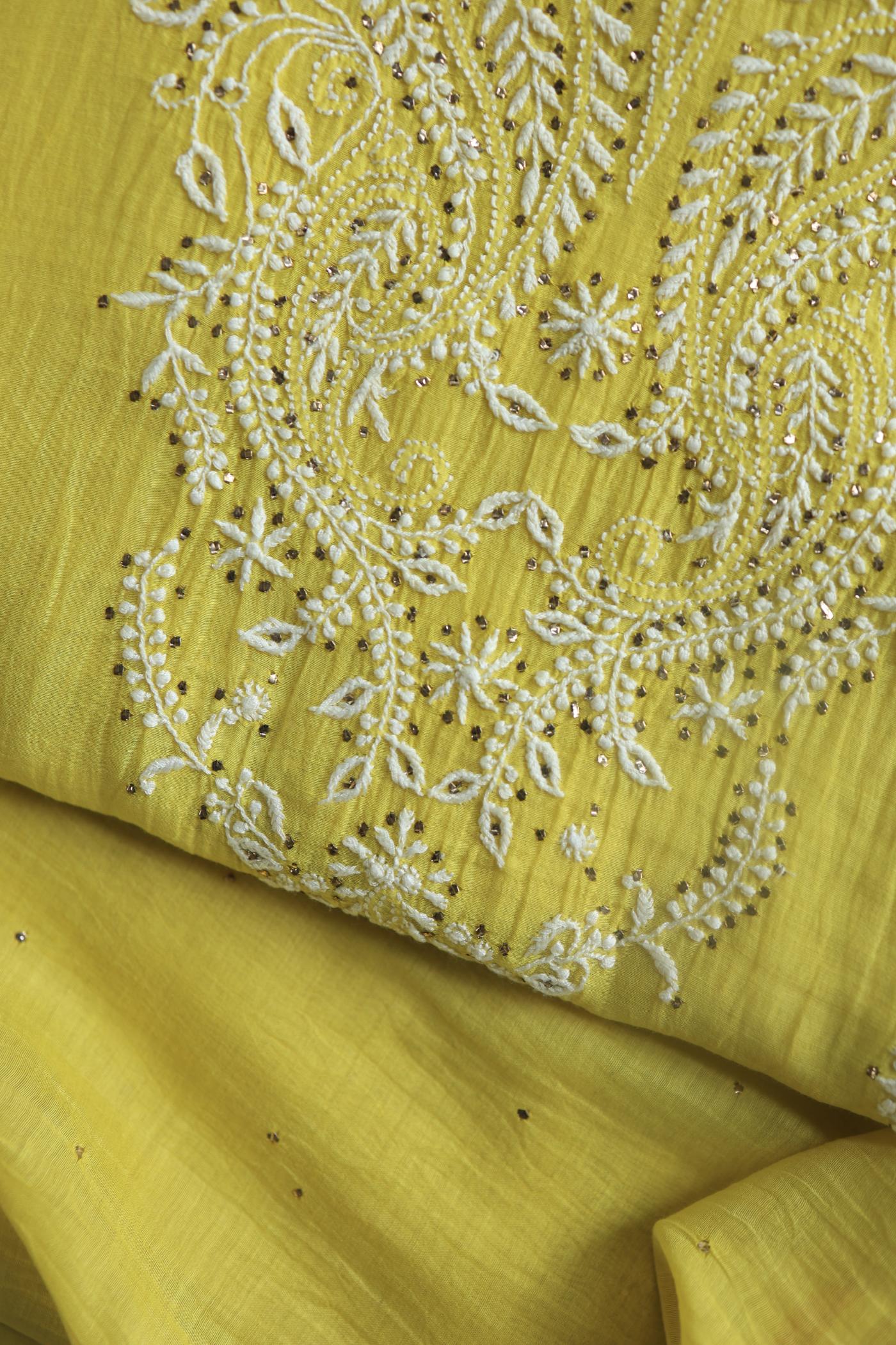 Yellow Mal Cotton Chikankari Unstitched Kurta Dupatta Fabrics With Kamdani
