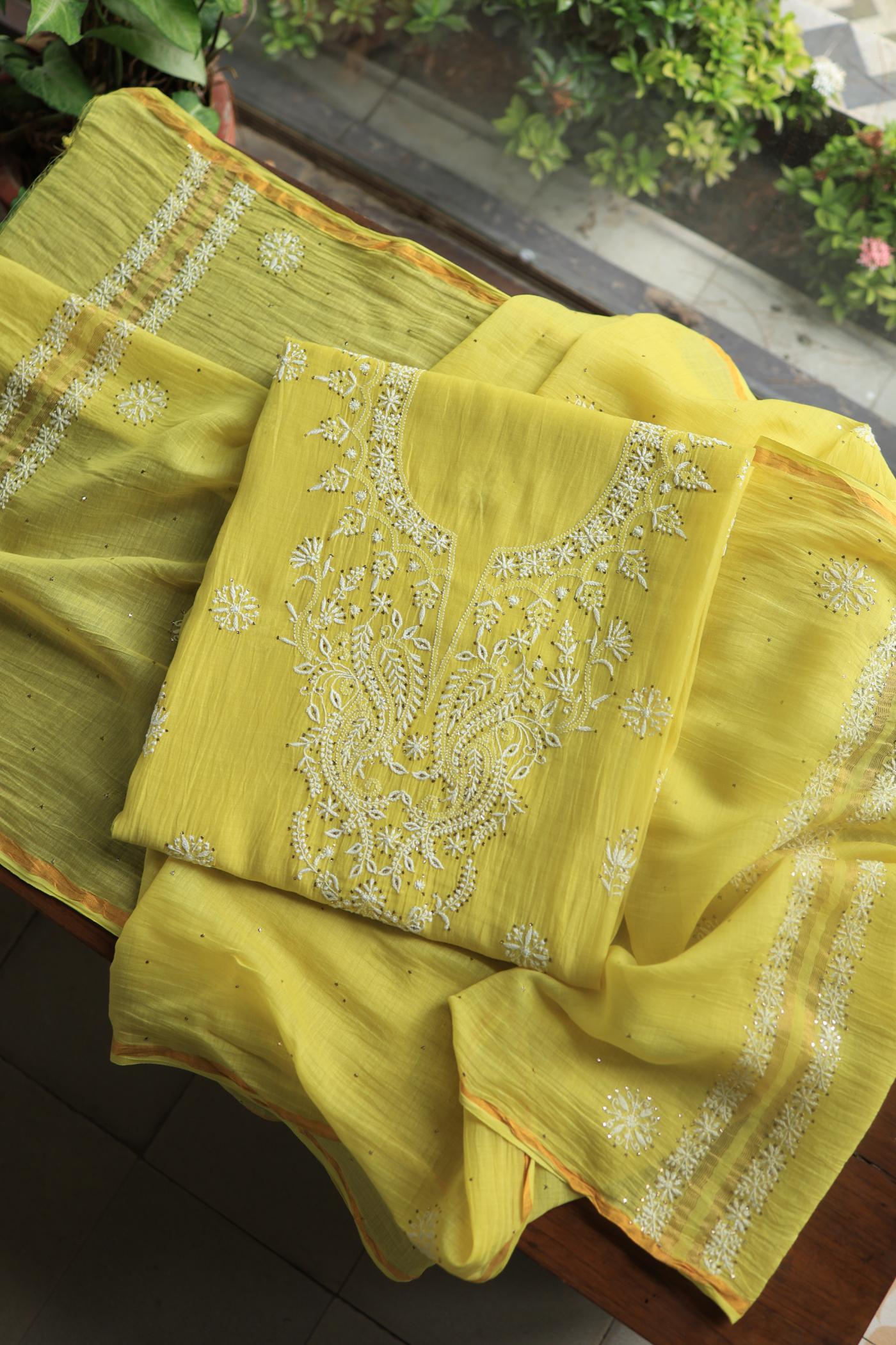 Yellow Mal Cotton Chikankari Unstitched Kurta Dupatta Fabrics With Kamdani