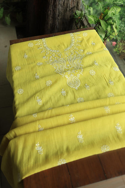 Yellow Mal Cotton Chikankari Unstitched Kurta Dupatta Fabrics With Kamdani