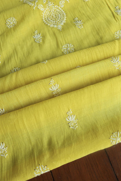 Yellow Mal Cotton Chikankari Unstitched Kurta Dupatta Fabrics With Kamdani