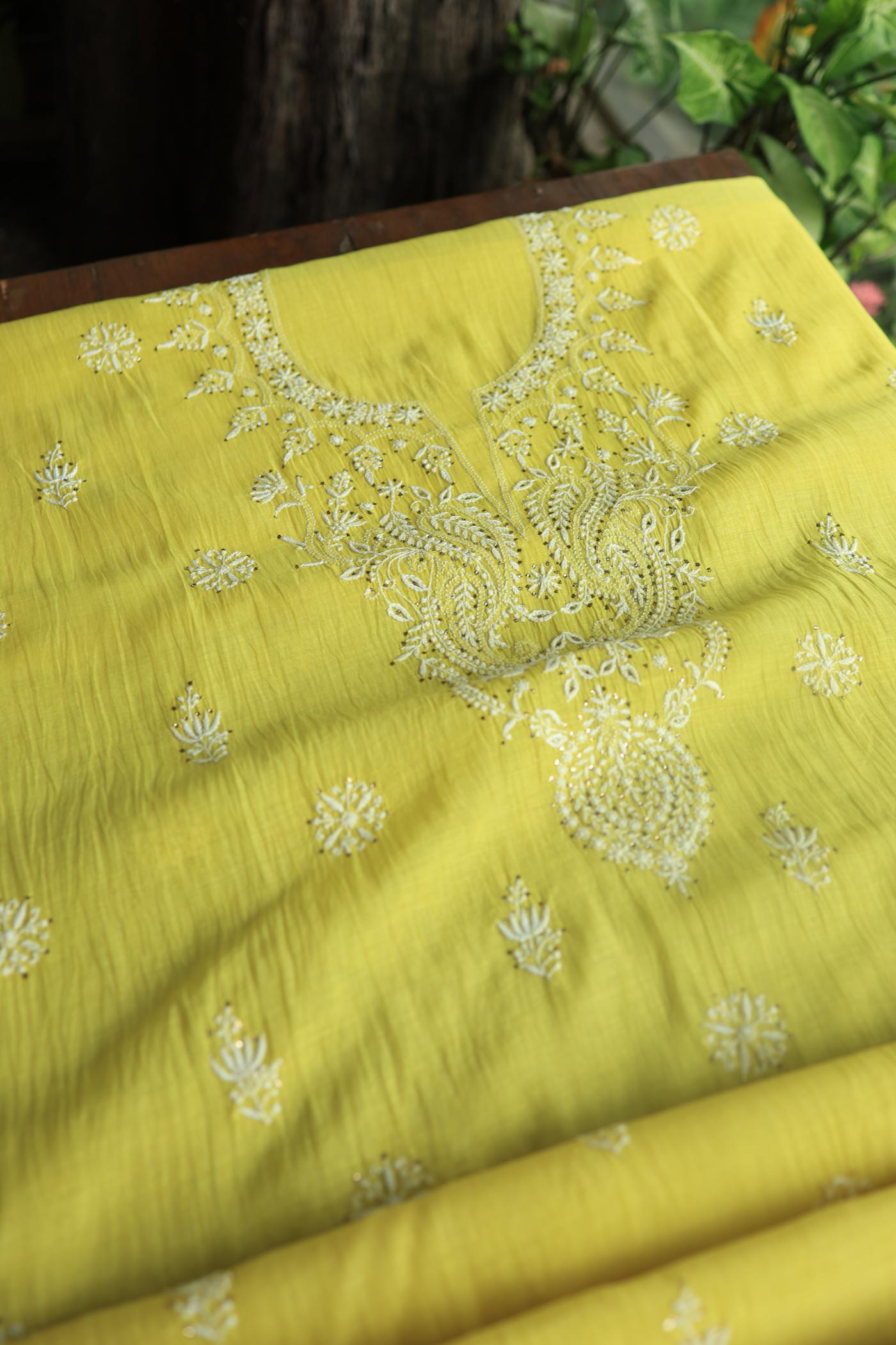 Yellow Mal Cotton Chikankari Unstitched Kurta Dupatta Fabrics With Kamdani