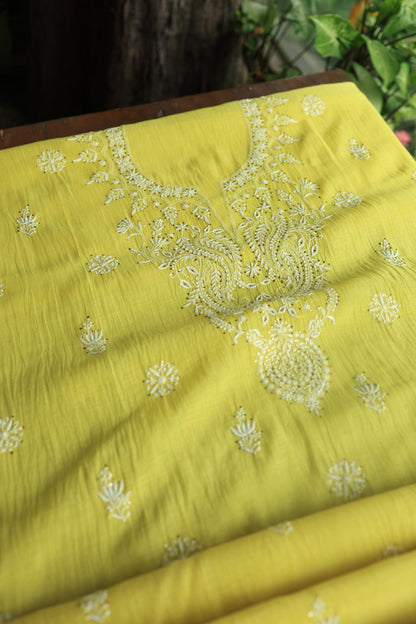 Yellow Mal Cotton Chikankari Unstitched Kurta Dupatta Fabrics With Kamdani