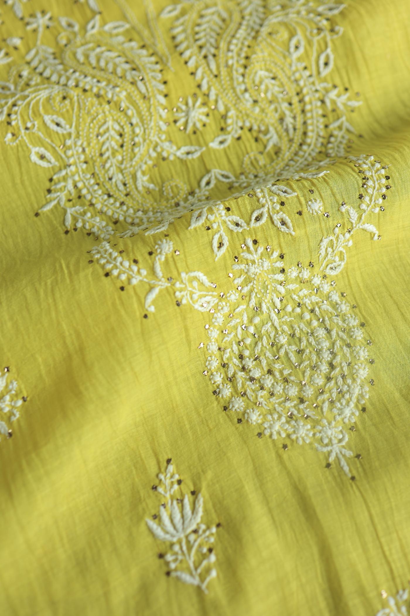 Yellow Mal Cotton Chikankari Unstitched Kurta Dupatta Fabrics With Kamdani