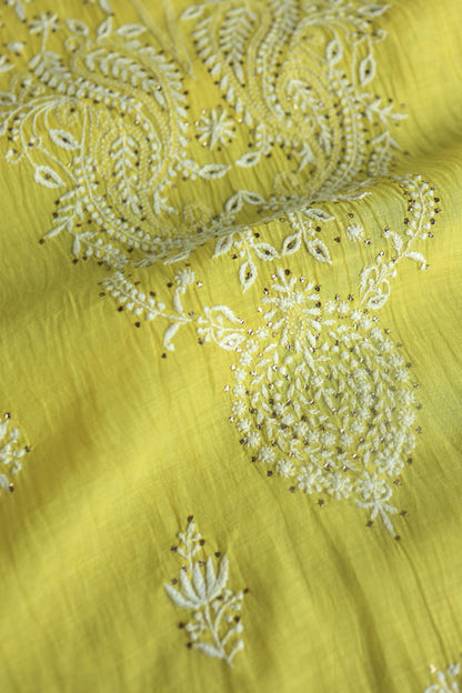 Yellow Mal Cotton Chikankari Unstitched Kurta Dupatta Fabrics With Kamdani