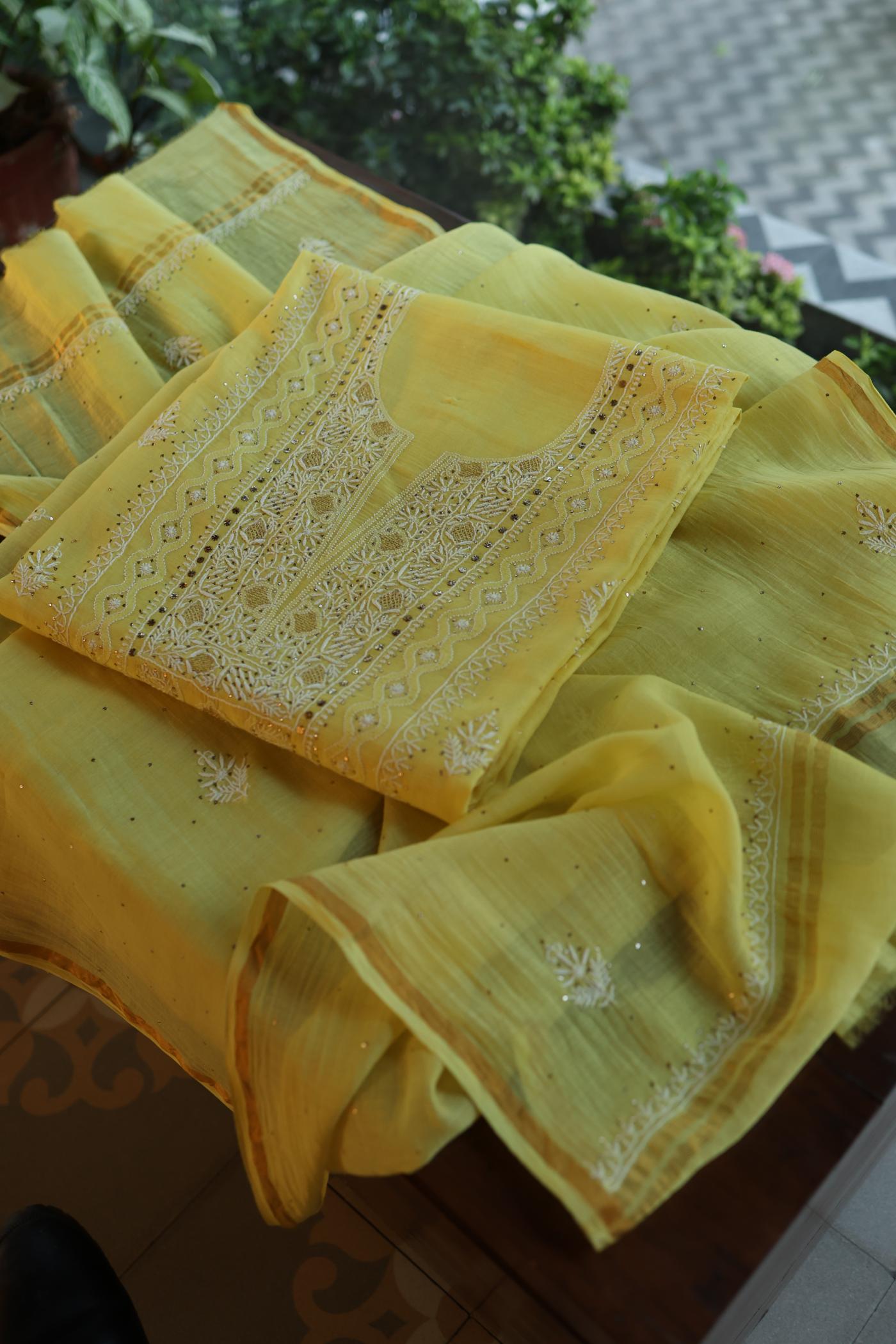 Yellow Mal Cotton Fine Chikankari With Kamdani Work Unstitched Fabric