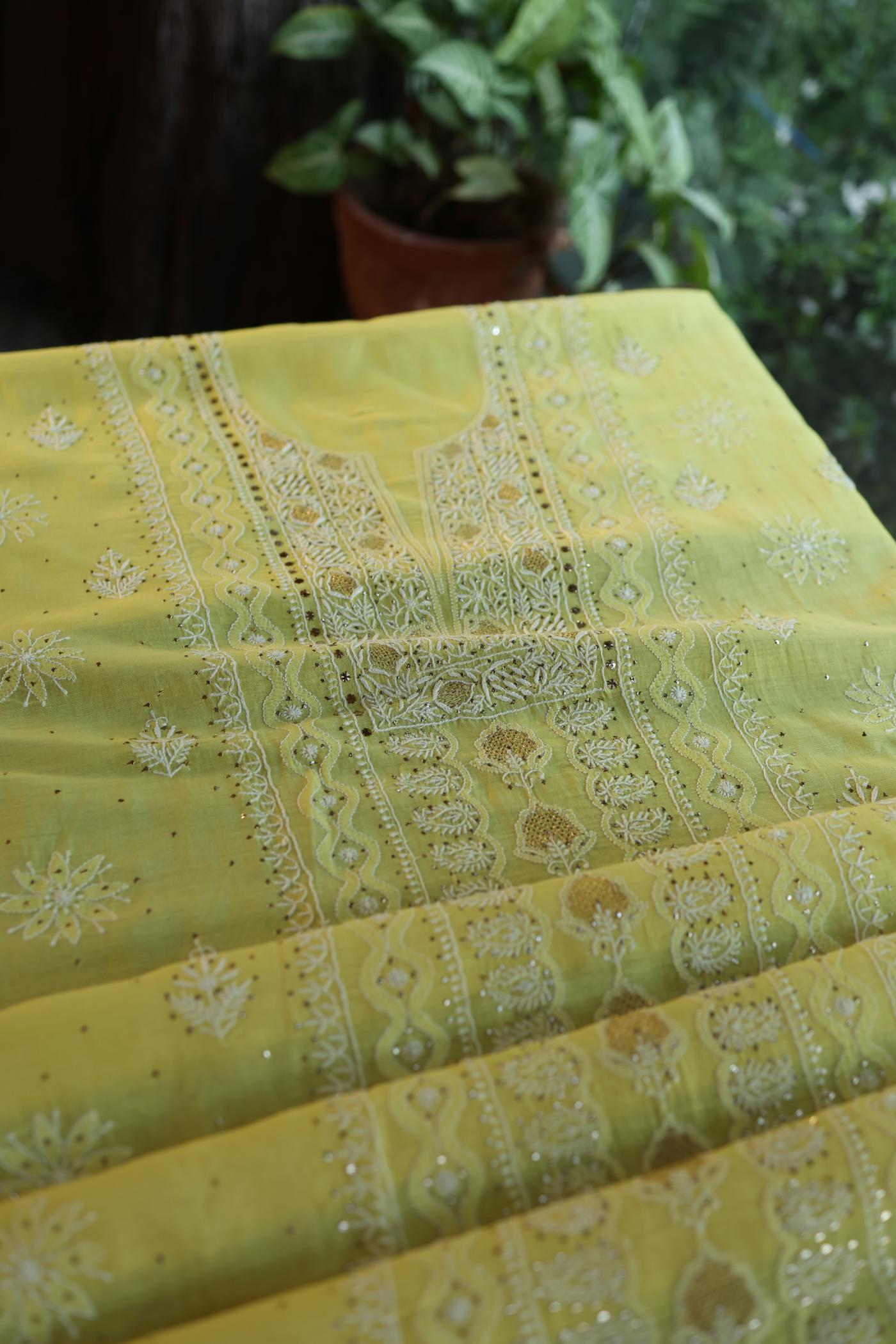 Yellow Mal Cotton Fine Chikankari With Kamdani Work Unstitched Fabric