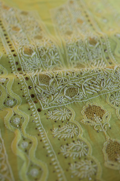 Yellow Mal Cotton Fine Chikankari With Kamdani Work Unstitched Fabric
