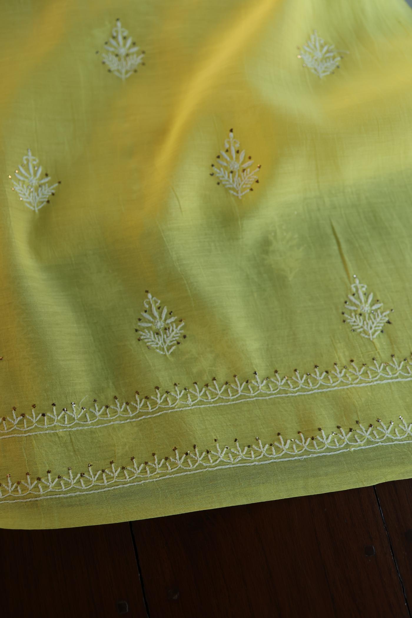 Yellow Mal Cotton Fine Chikankari With Kamdani Work Unstitched Fabric