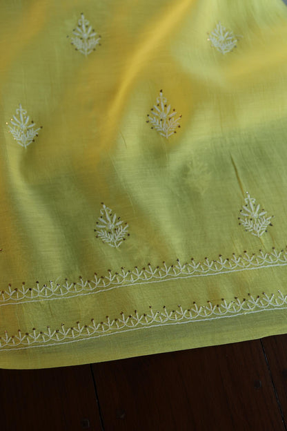 Yellow Mal Cotton Fine Chikankari With Kamdani Work Unstitched Fabric