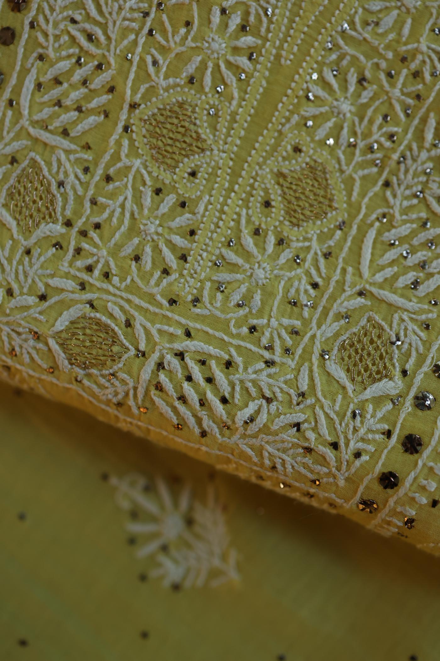 Yellow Mal Cotton Fine Chikankari With Kamdani Work Unstitched Fabric