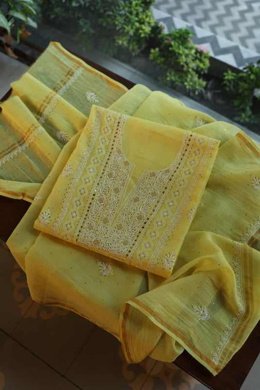 Yellow Mal Cotton Fine Chikankari With Kamdani Work Unstitched Fabric