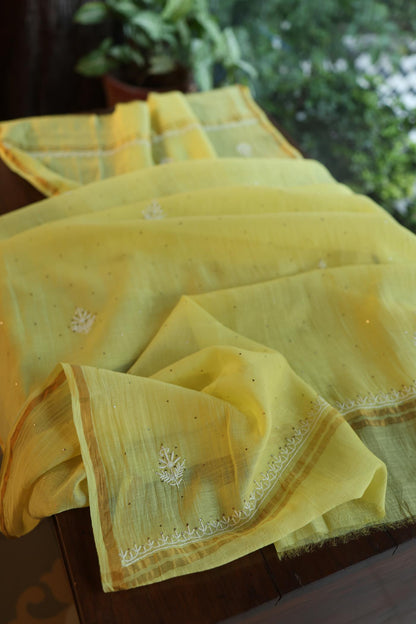 Yellow Mal Cotton Fine Chikankari With Kamdani Work Unstitched Fabric