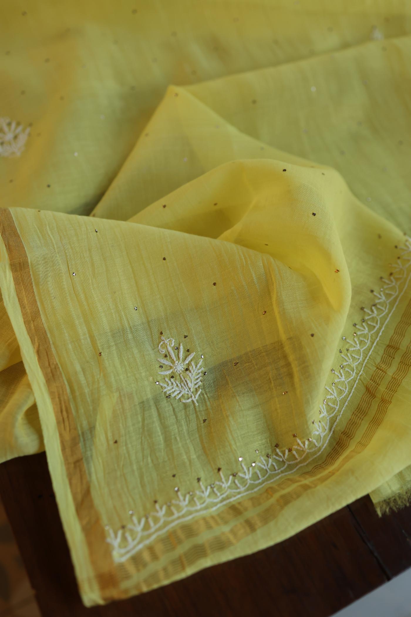 Yellow Mal Cotton Fine Chikankari With Kamdani Work Unstitched Fabric