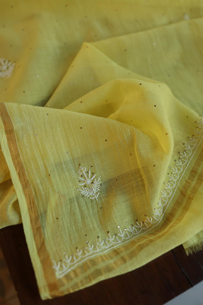 Yellow Mal Cotton Fine Chikankari With Kamdani Work Unstitched Fabric