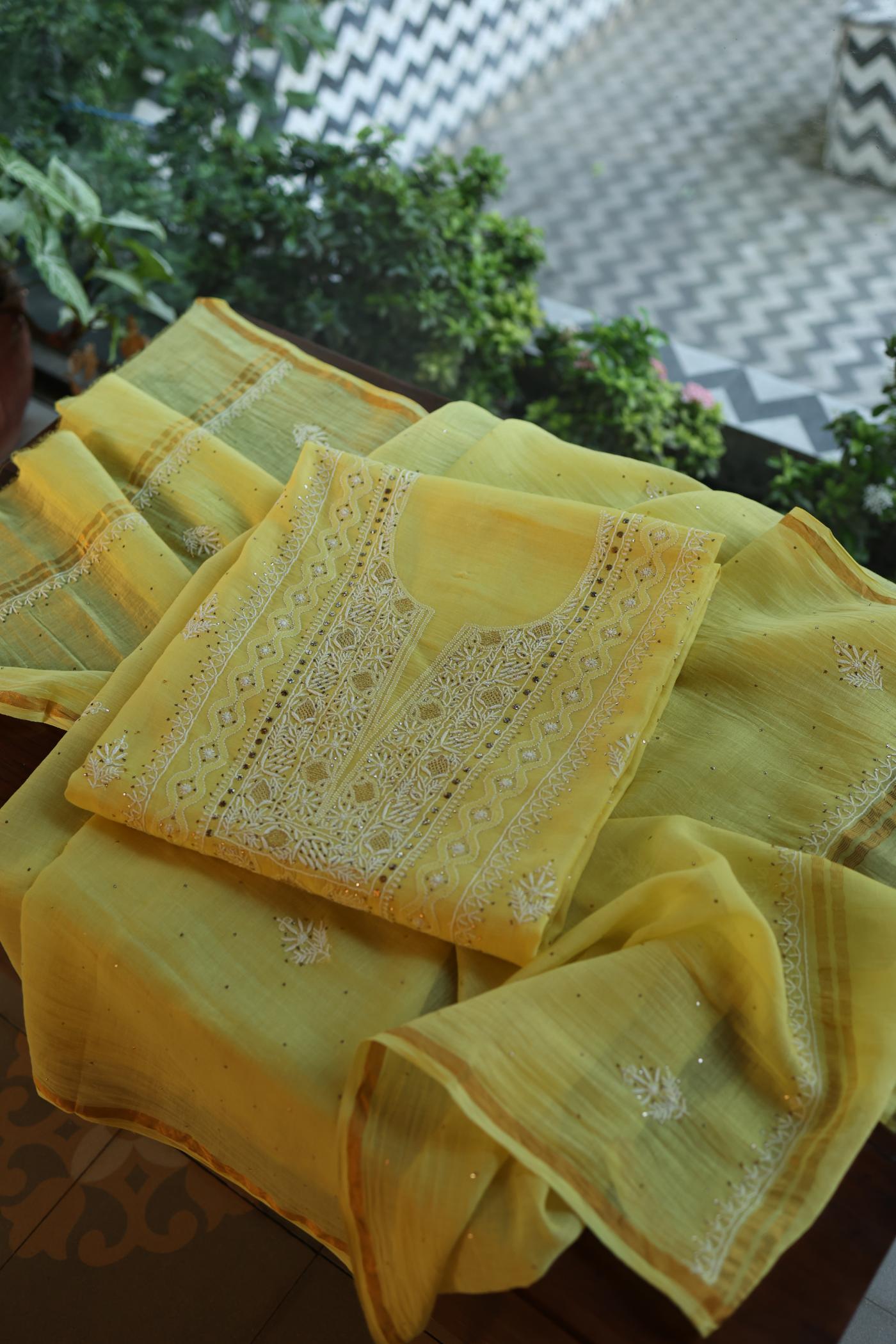 Yellow Mal Cotton Fine Chikankari With Kamdani Work Unstitched Fabric