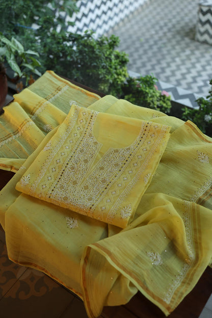 Yellow Mal Cotton Fine Chikankari With Kamdani Work Unstitched Fabric
