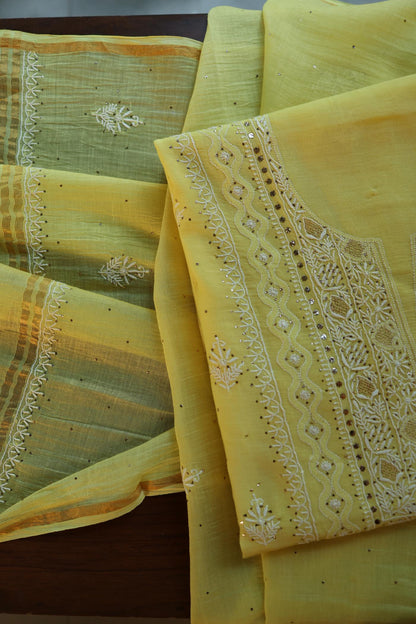 Yellow Mal Cotton Fine Chikankari With Kamdani Work Unstitched Fabric
