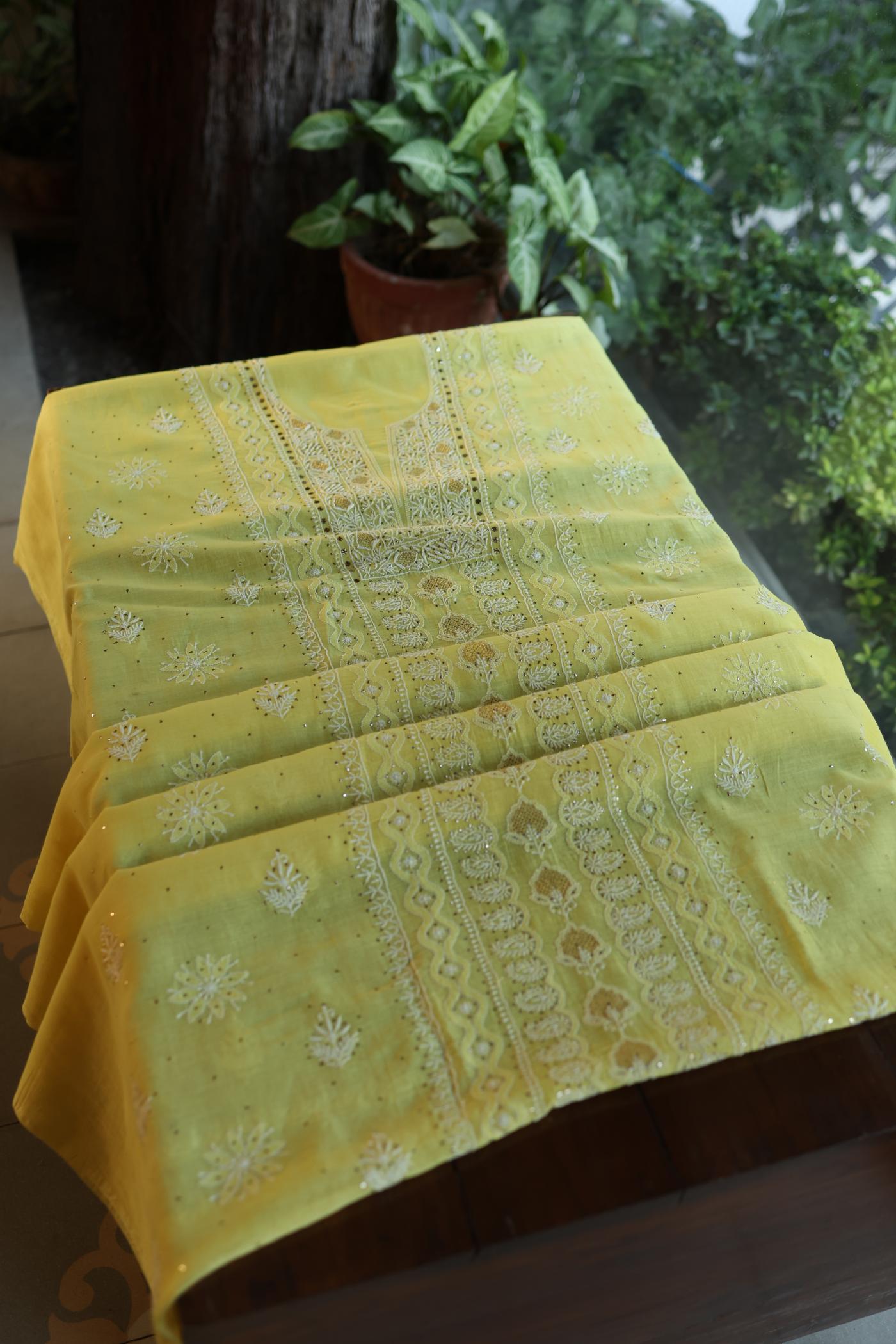 Yellow Mal Cotton Fine Chikankari With Kamdani Work Unstitched Fabric