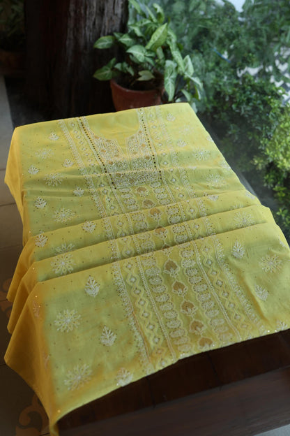Yellow Mal Cotton Fine Chikankari With Kamdani Work Unstitched Fabric