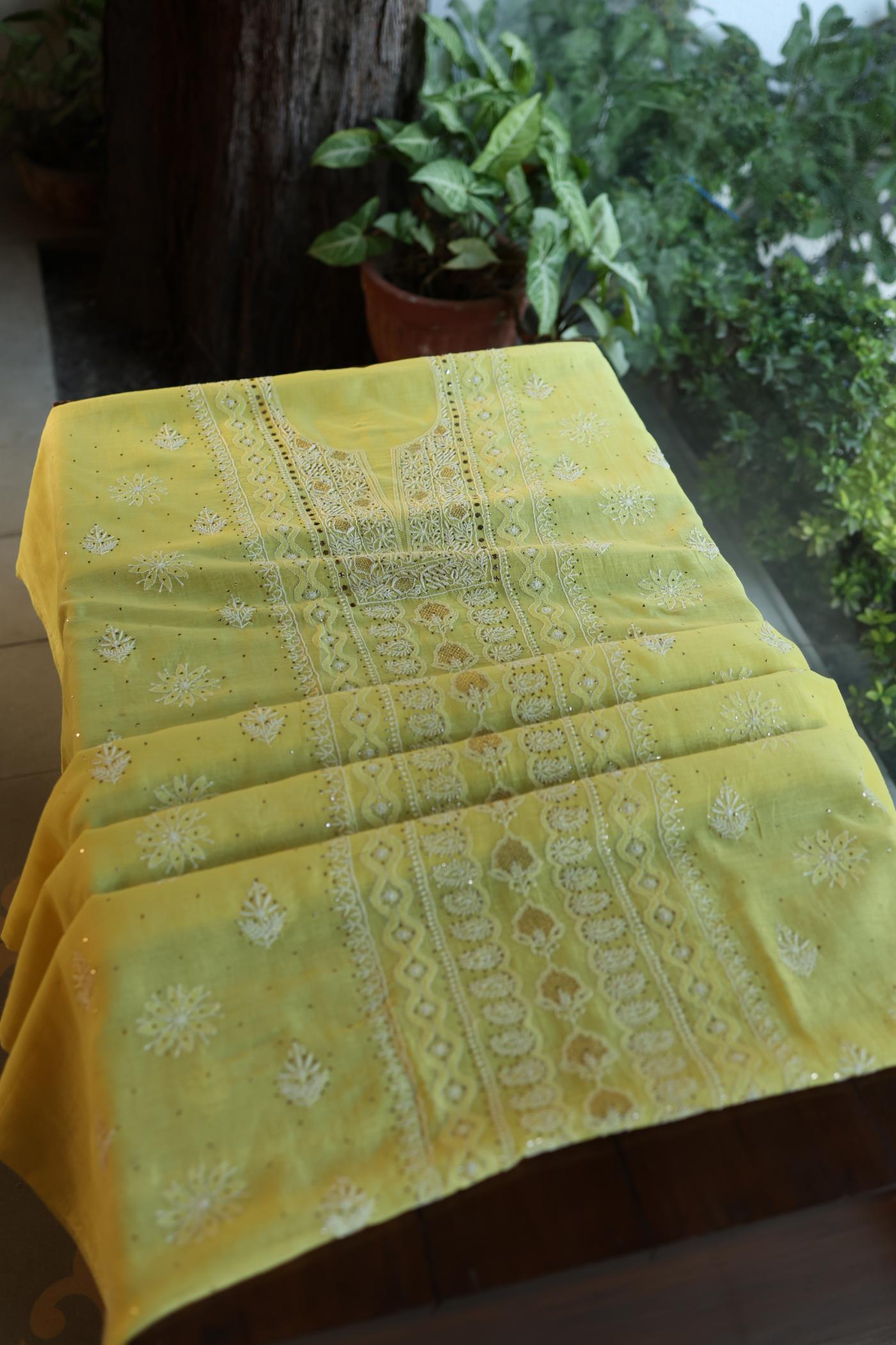 Yellow Mal Cotton Fine Chikankari With Kamdani Work Unstitched Fabric