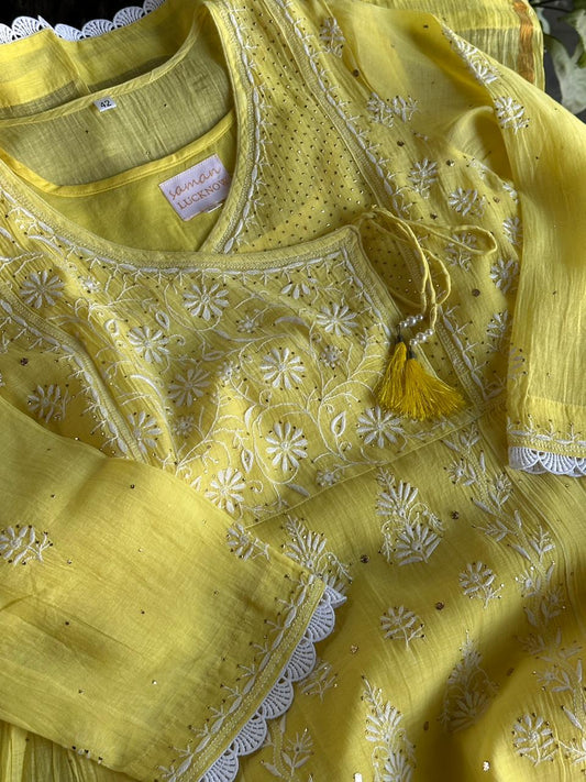 Yellow Mal Mukaish Kamdani Tux Chikankari Kurta Dupatta Set