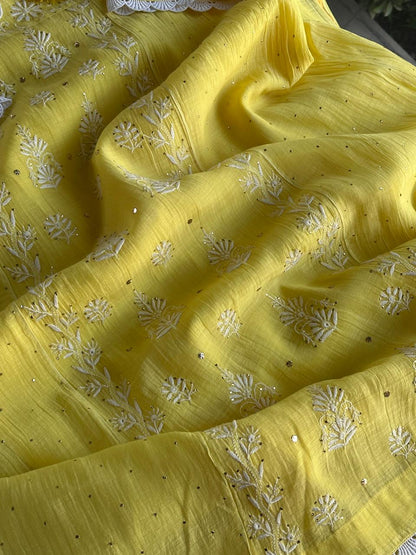 Yellow Mal Mukaish Kamdani Tux Chikankari Kurta Dupatta Set