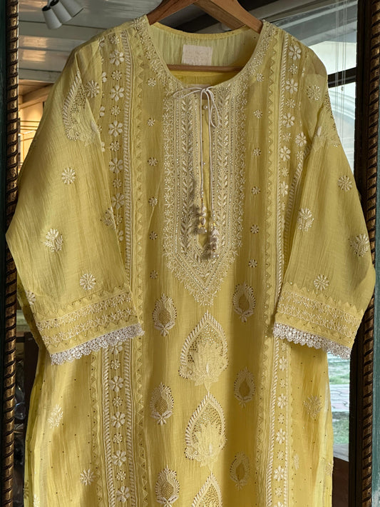 Yellow Mal Mukaish Kamdani Tux Chikankari Kurta Dupatta Set
