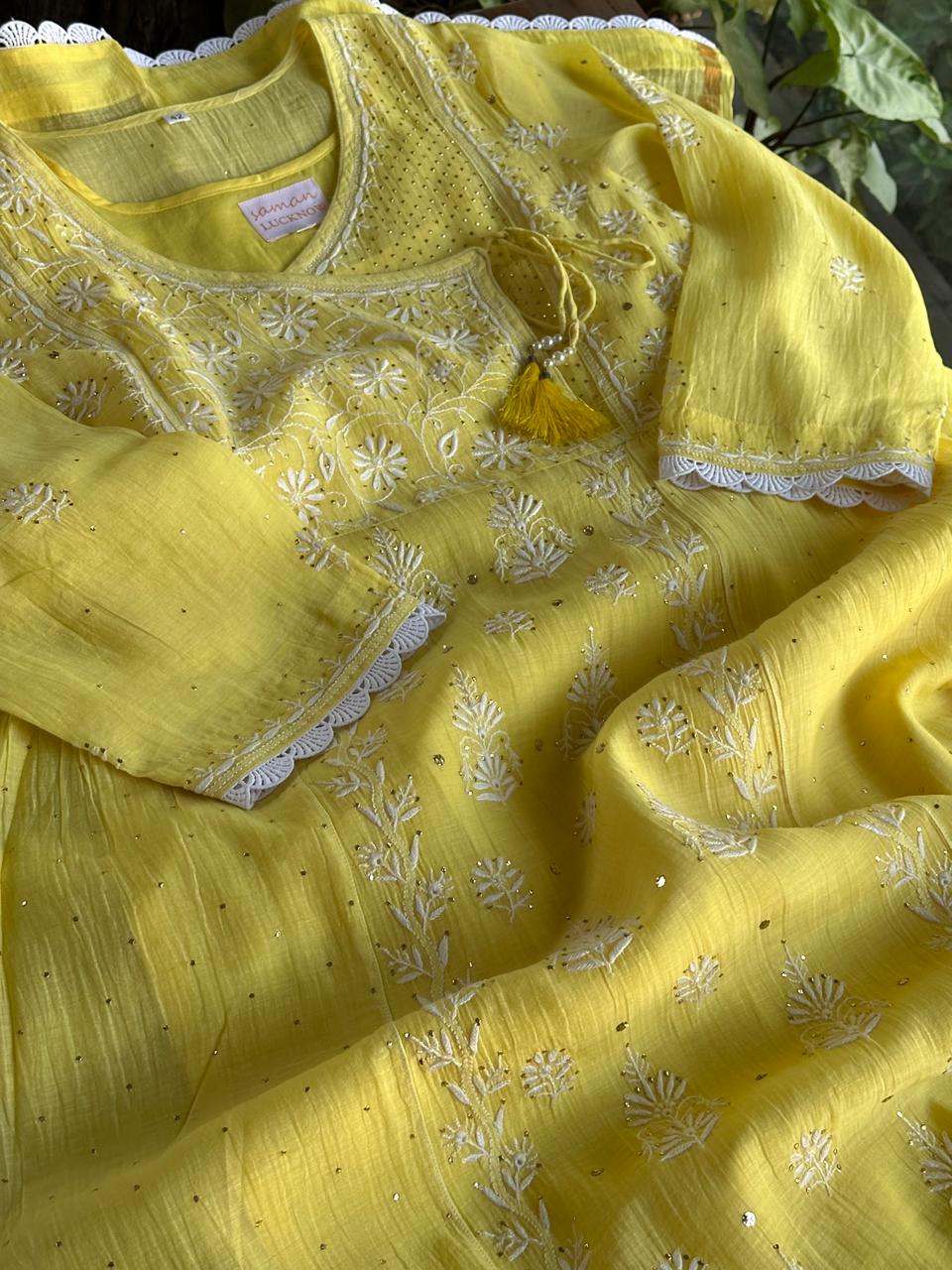 Yellow Mal Mukaish Kamdani Tux Chikankari Kurta Dupatta Set