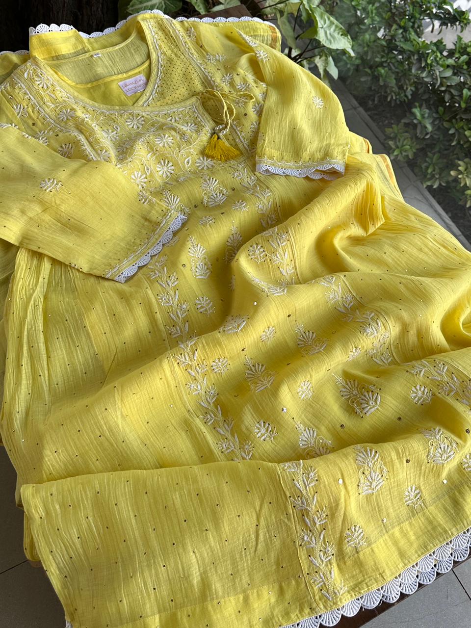 Yellow Mal Mukaish Kamdani Tux Chikankari Kurta Dupatta Set