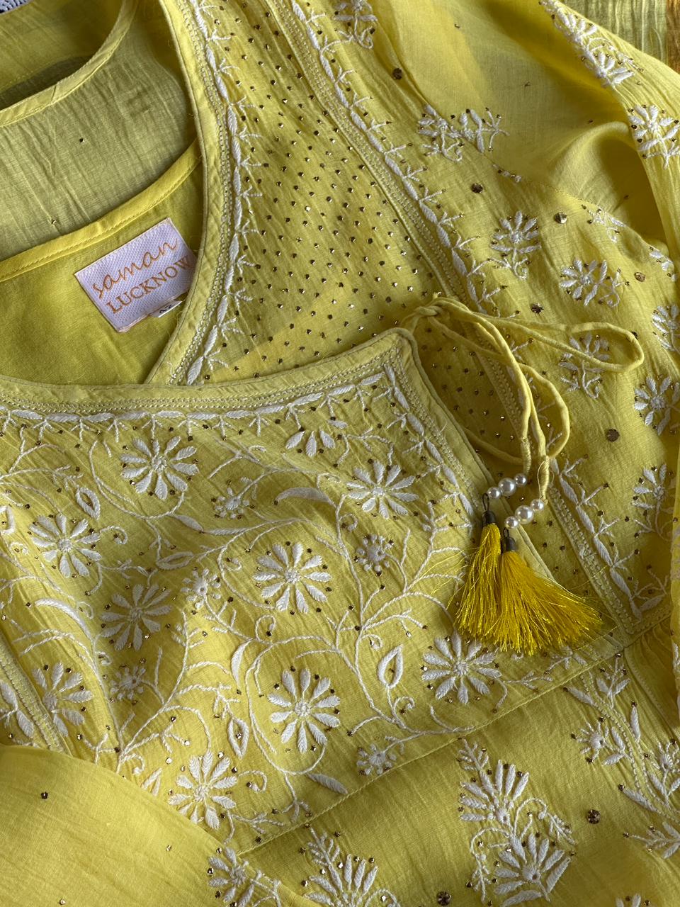 Yellow Mal Mukaish Kamdani Tux Chikankari Kurta Dupatta Set