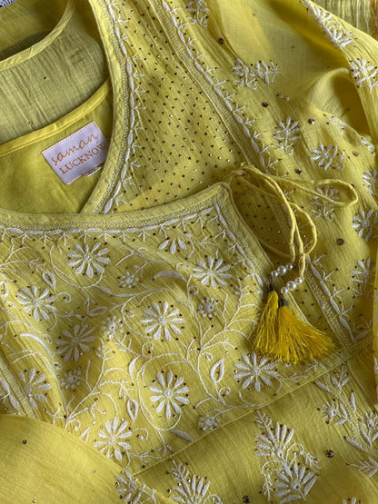 Yellow Mal Mukaish Kamdani Tux Chikankari Kurta Dupatta Set
