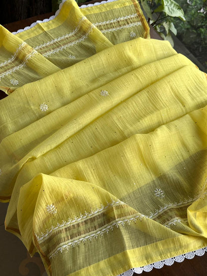 Yellow Mal Mukaish Kamdani Tux Chikankari Kurta Dupatta Set