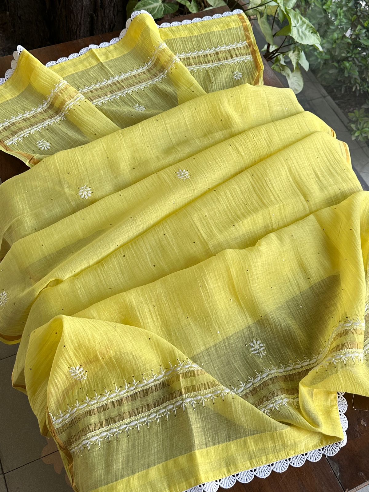 Yellow Mal Mukaish Kamdani Tux Chikankari Kurta Dupatta Set