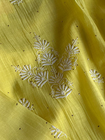 Yellow Mal Mukaish Kamdani Tux Chikankari Kurta Dupatta Set