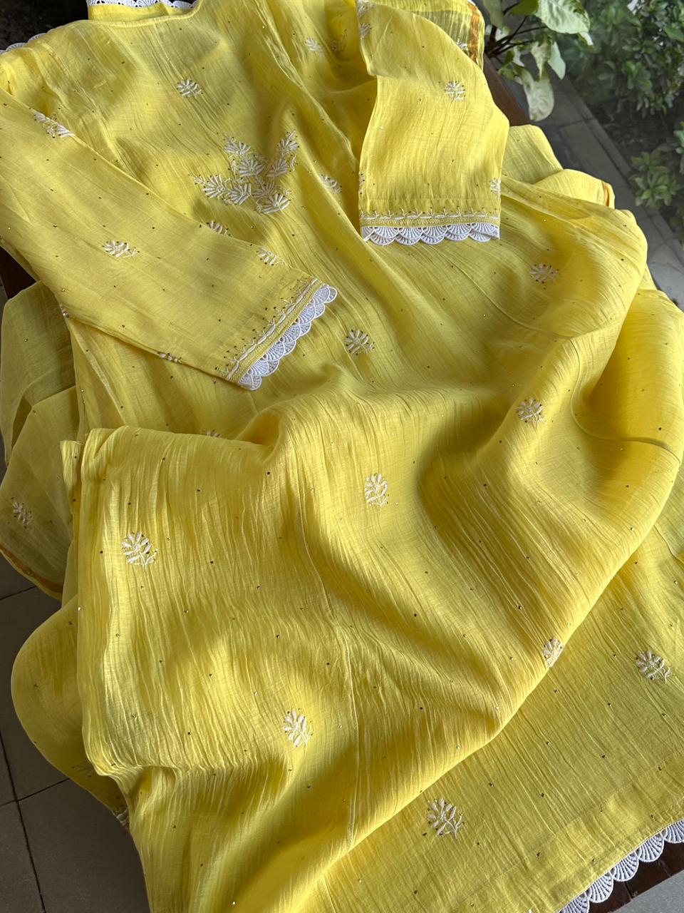 Yellow Mal Mukaish Kamdani Tux Chikankari Kurta Dupatta Set