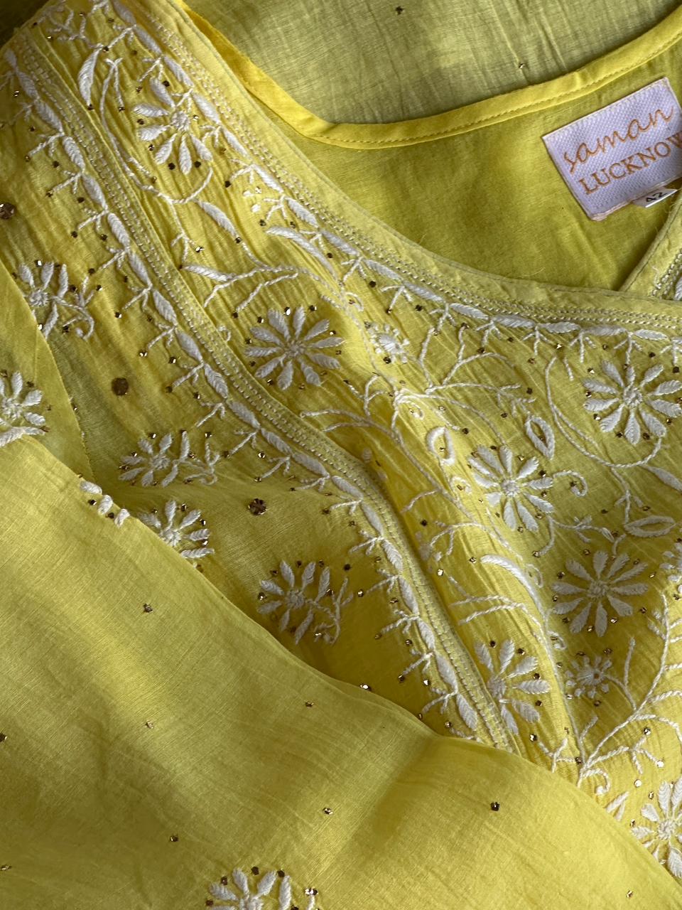 Yellow Mal Mukaish Kamdani Tux Chikankari Kurta Dupatta Set