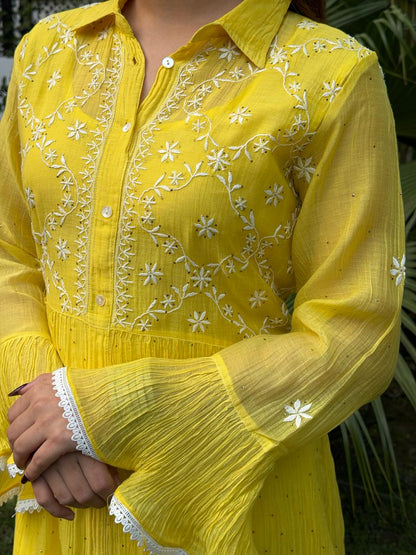 Yellow Mal chikankari Dress With Bell Sleeves