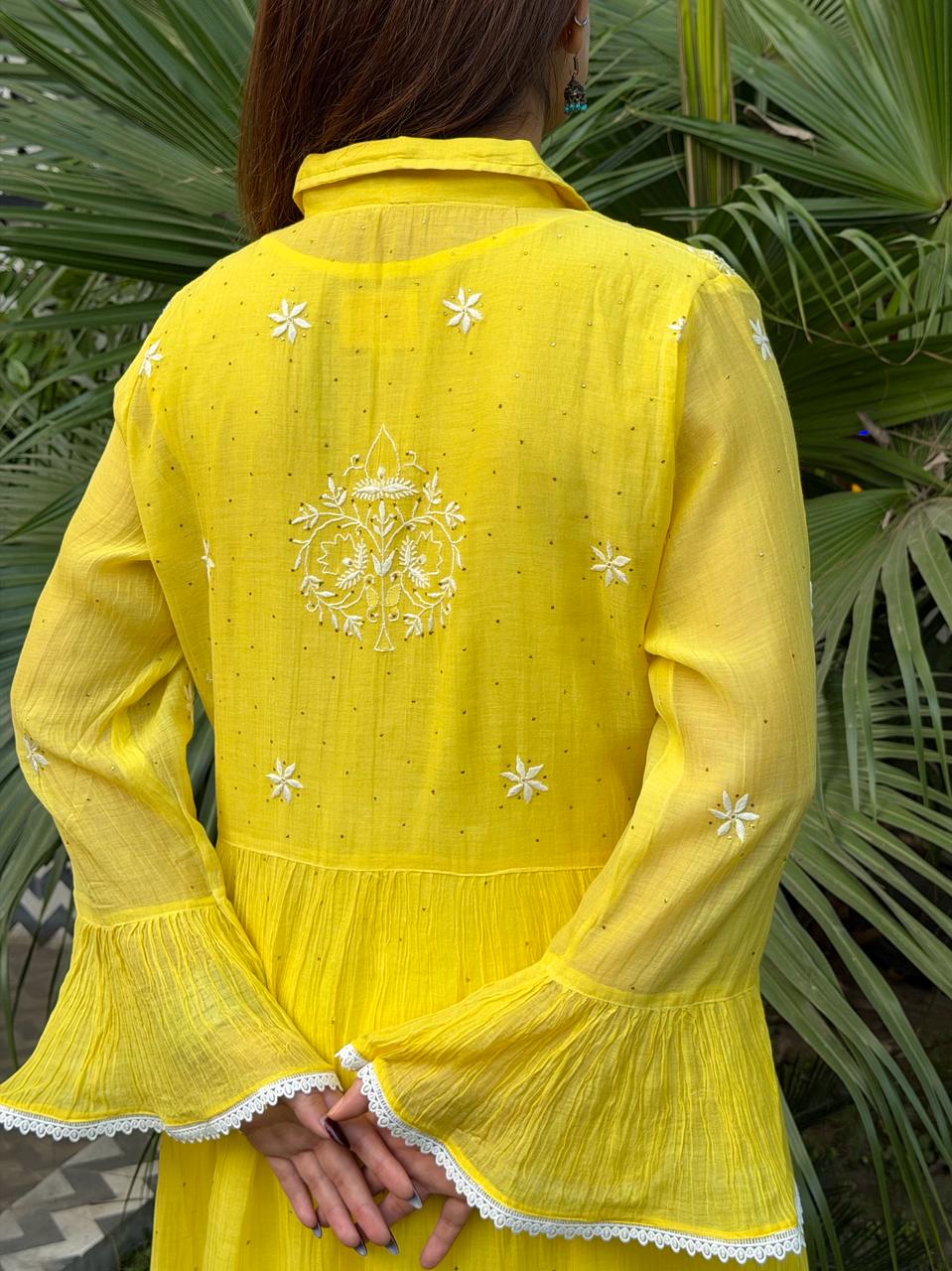 Yellow Mal chikankari Dress With Bell Sleeves