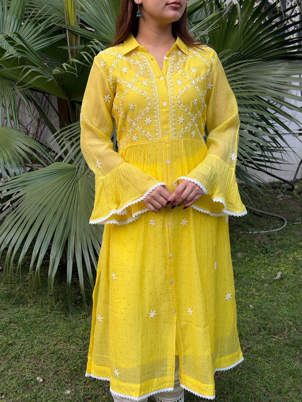 Yellow Mal chikankari Dress With Bell Sleeves