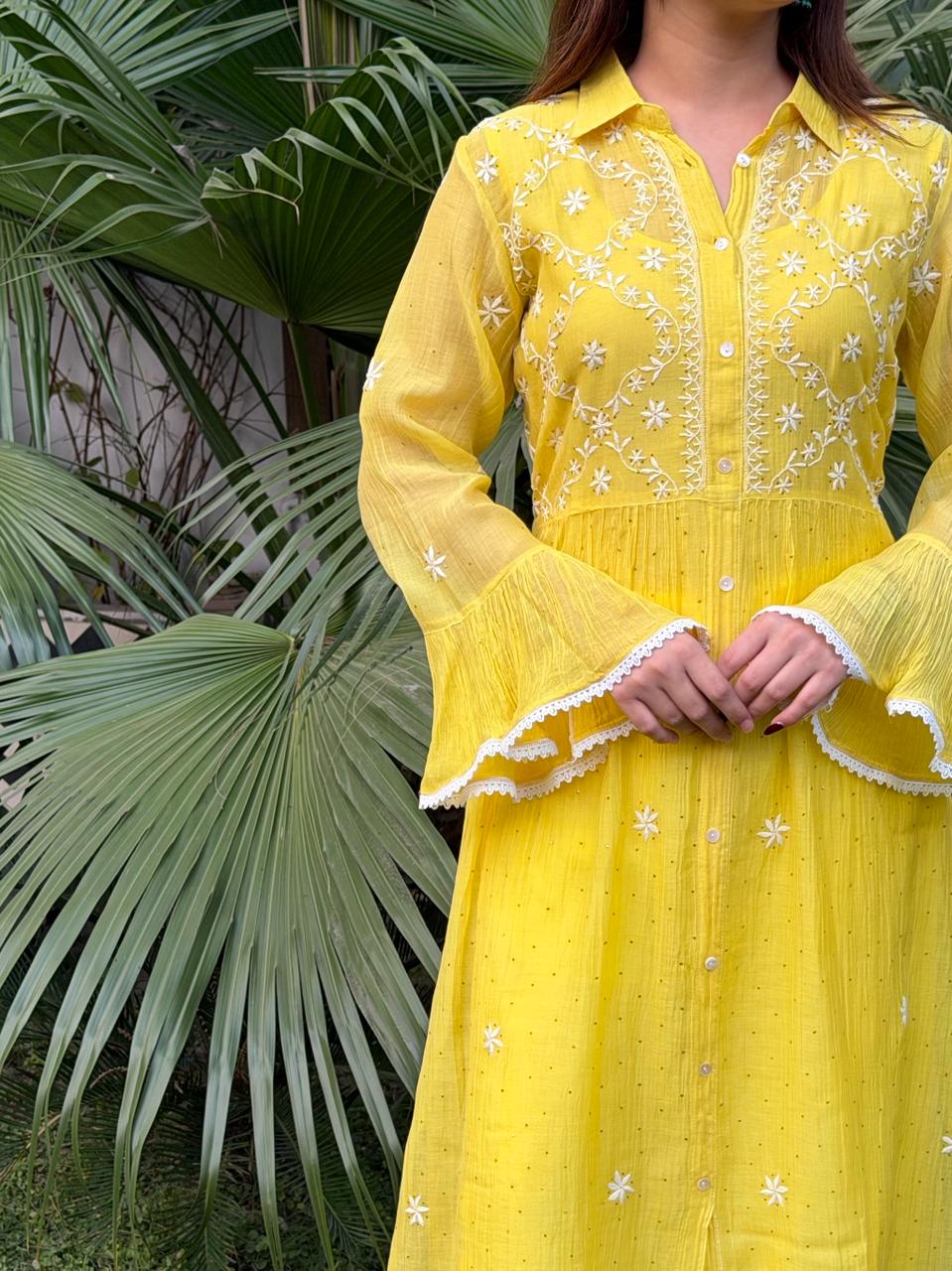 Yellow Mal chikankari Dress With Bell Sleeves
